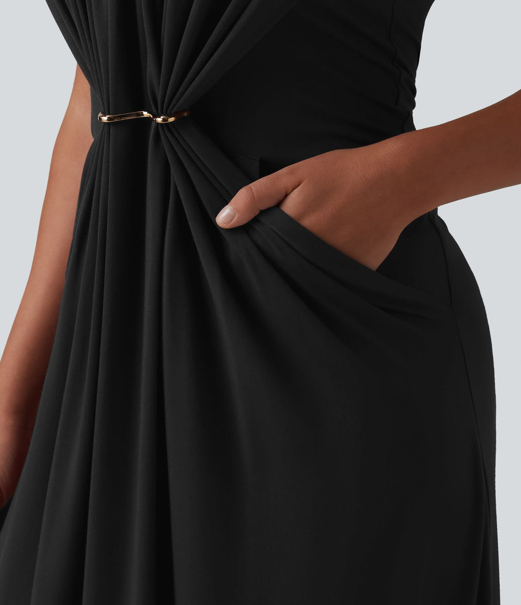 Robe longue casual bustier froncée avec brassière intégrée et poches