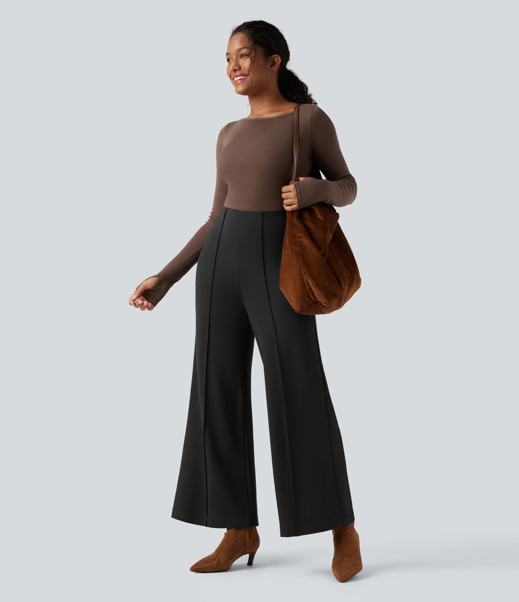 Pantalon tailleur taille haute évasé ample en ponte roma résistant