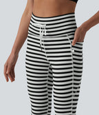Legging yoga 7/8 taille haute à rayures et cordon de serrage avec poches