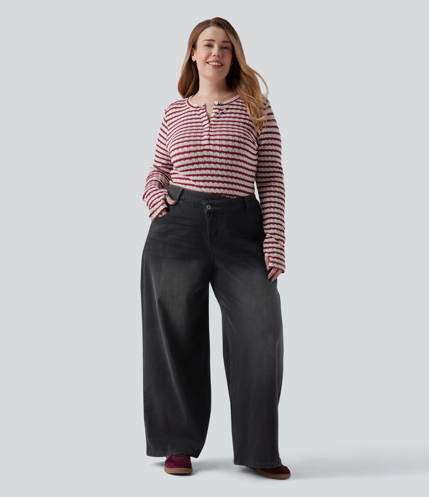 Jean décontracté grande taille Halara Flex™ asymétrique taille basse jambes larges effet délavé avec poches