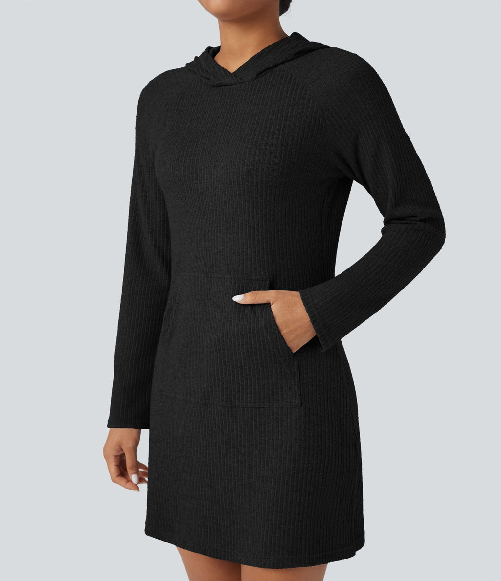 Robe active mini de randonnée maille côtelée à capuche manches longues avec poche