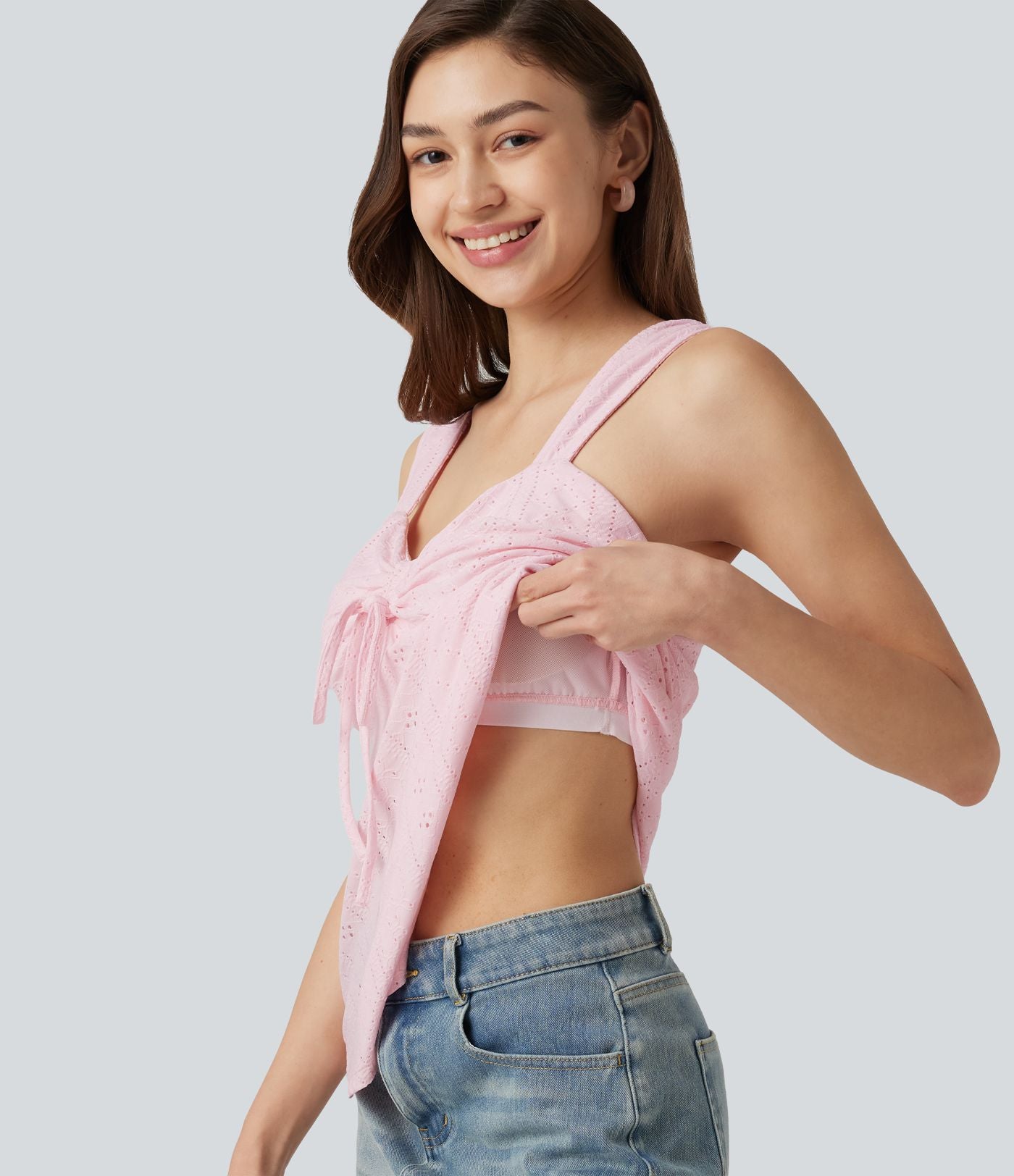 Débardeur décontracté froncé avec cordon de serrage, broderie anglaise et soutien-gorge intégré