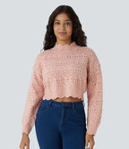 Pull décontracté à col montant, manches évêque, ourlet festonné et maille ajourée