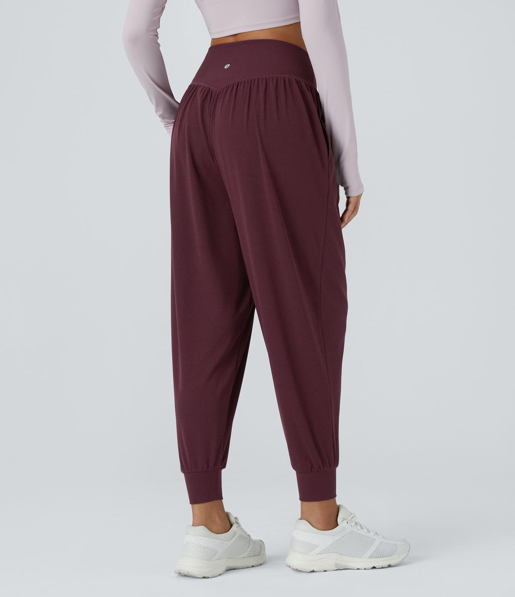 Jogging de Yoga à Taille Haute, Croisé Devant, Plis, Poches Latérales, en Tissu Gaufré