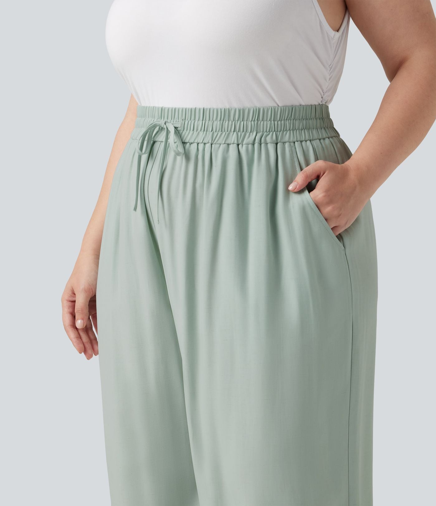 Pantalon large grande taille taille haute avec cordon de serrage et poches