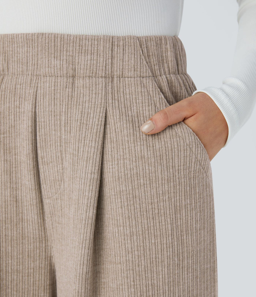 Pantalon décontracté large côtelé, taille haute, avec poches