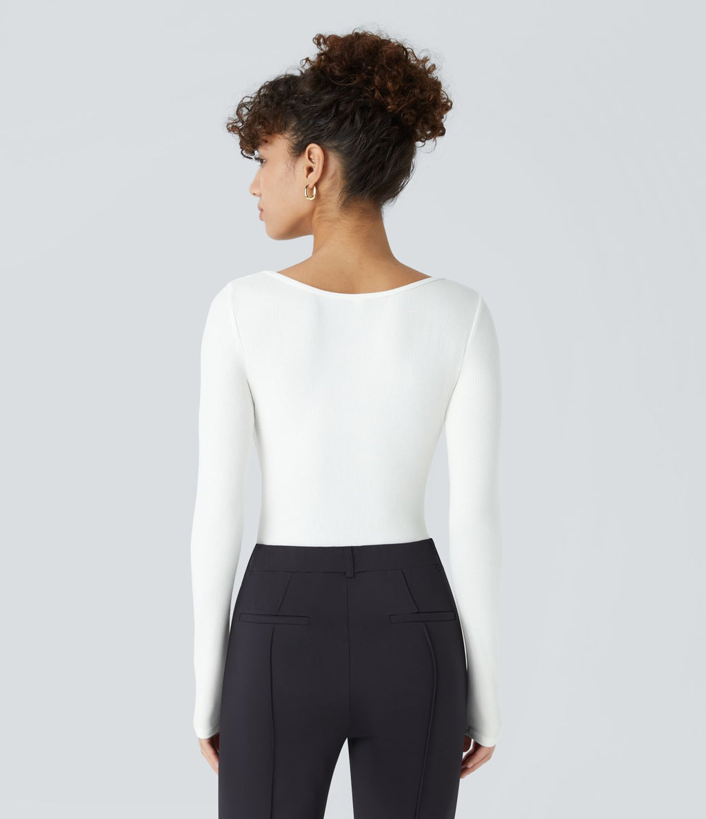 Bodysuit de Travail Tricot Côtelé Col Carré Manches Longues Boutonné Silhouette Élancée