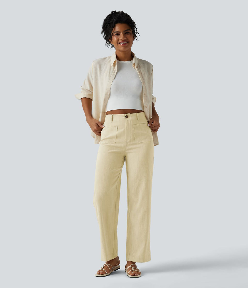 Pantalon taille haute coupe droite effet lin avec poches