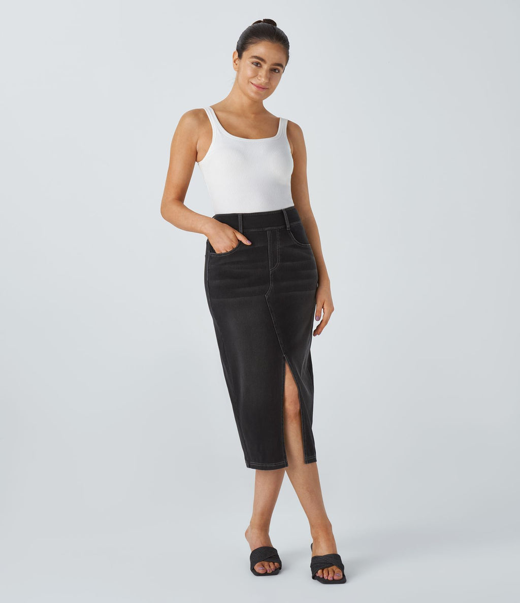Halara Flex™ Jupe en Jean Casual Mi-Longue Délavé Extensible Plusieurs Poches Taille Haute
