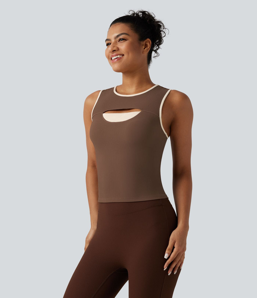Débardeur de sport côtelé col rond color block avec découpe à l'avant