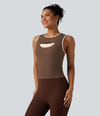 Débardeur de sport côtelé col rond color block avec découpe à l'avant