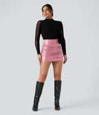 Jupe courte moulante 2-en-1 SoCinched gainante taille haute similicuir polaire froncée ourlet arrondi