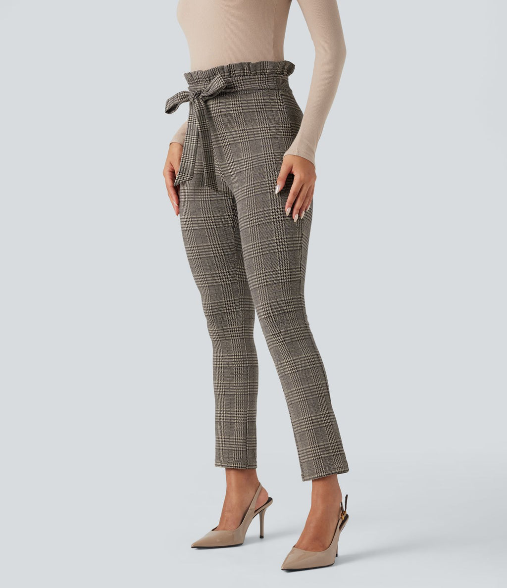 Pantalon tailleur skinny Halara Flex™ paper bag pied-de-poule carreaux taille haute à nœud avec poches