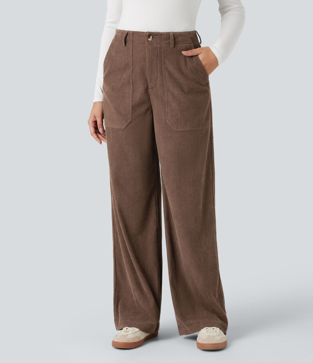 Pantalon décontracté large en velours côtelé, taille haute, avec poches