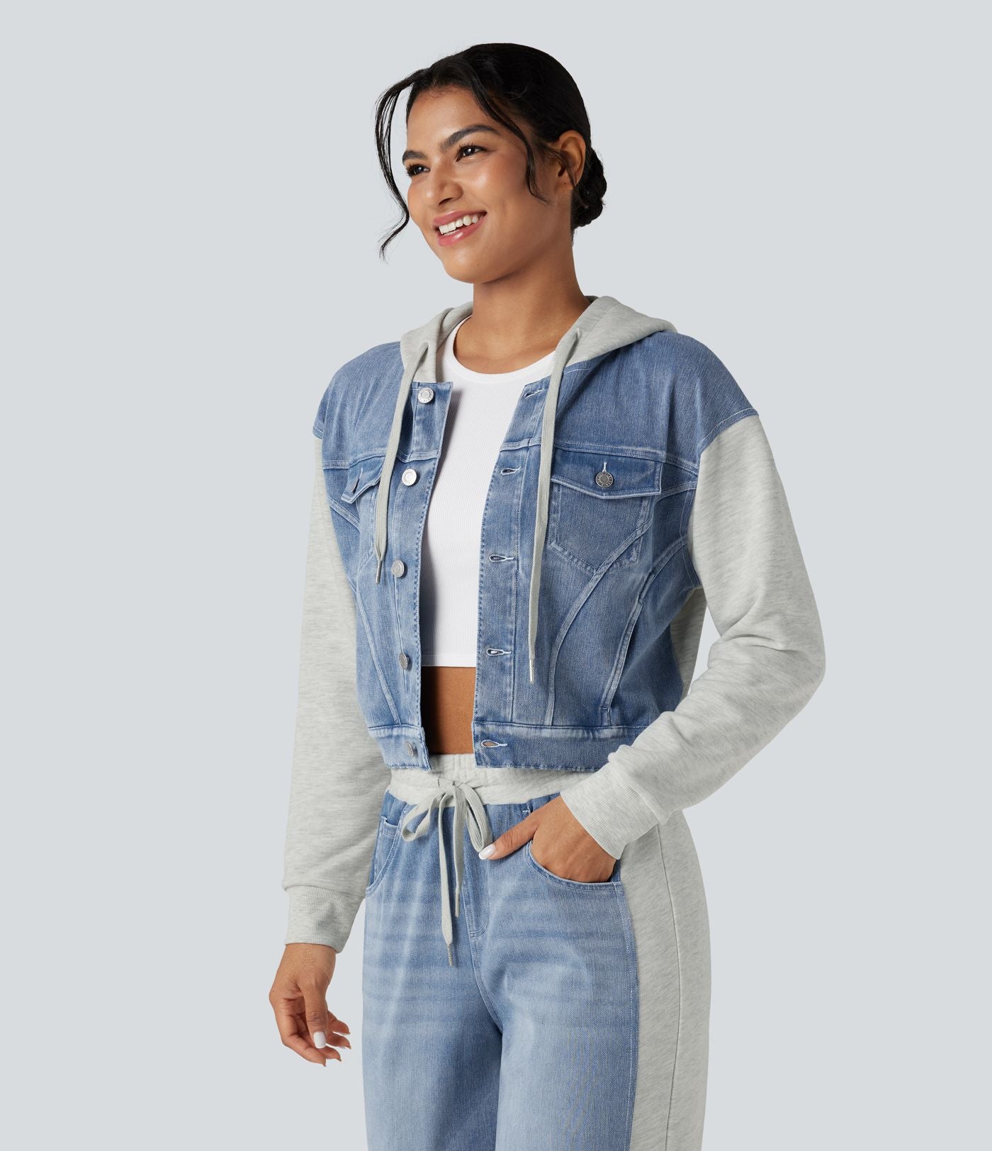 Veste en jean patchwork à capuche avec cordon de serrage et manches longues Halara Flex™