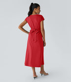 Breezeful™ Robe Mi-Longue Col en V Manches Courtes Poche Latérale Nouée au Dos Séchage Rapide