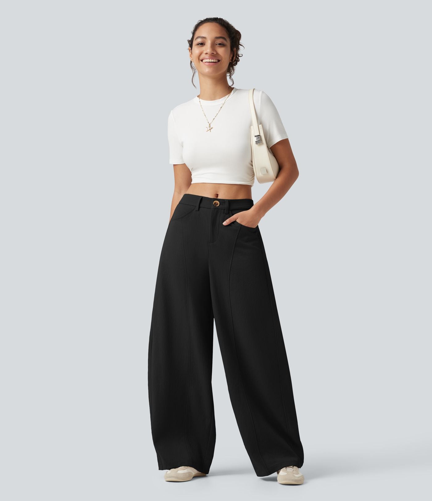 Pantalon casual taille mi-haute coupe barrel avec poches