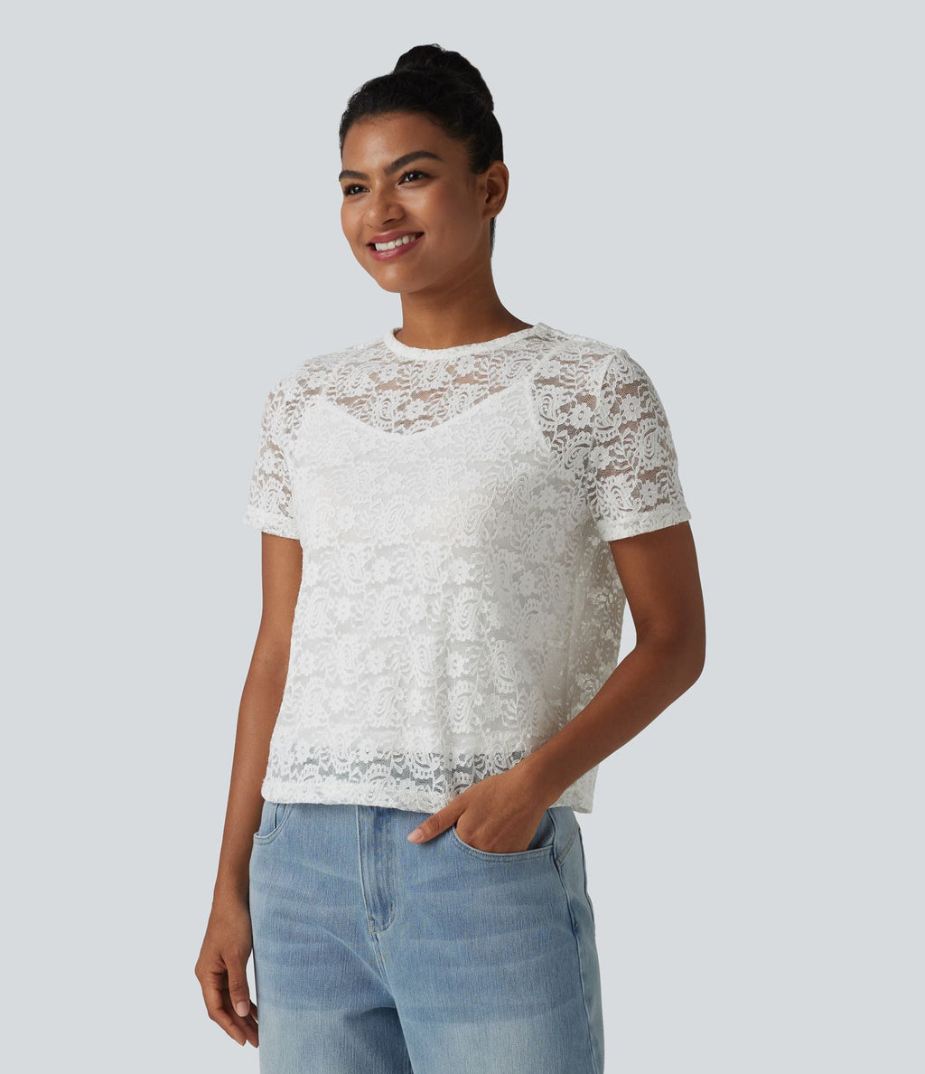 T-shirt casual 2-en-1 en dentelle col rond à manches courtes