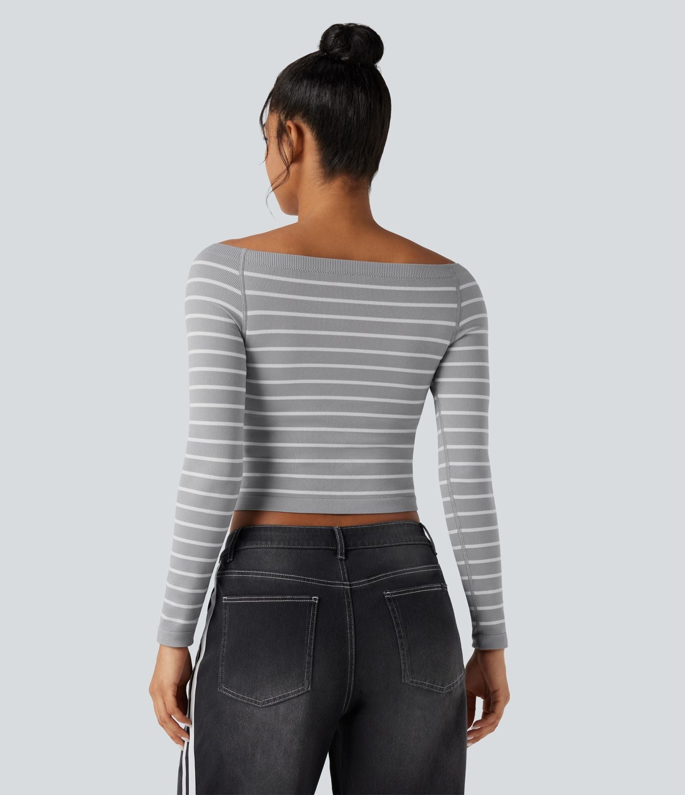 Haut de sport épaules dénudées manches raglan longues à rayures sans couture OneForm Seamless Flow