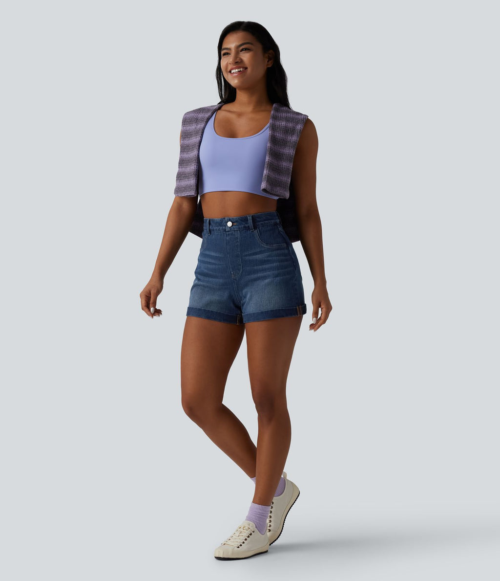 Short denim décontracté Halara Flex™ gainant taille haute ourlet roulotté avec poches