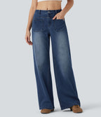 Jean large délavé Halara Flex™ taille mi-haute avec poches