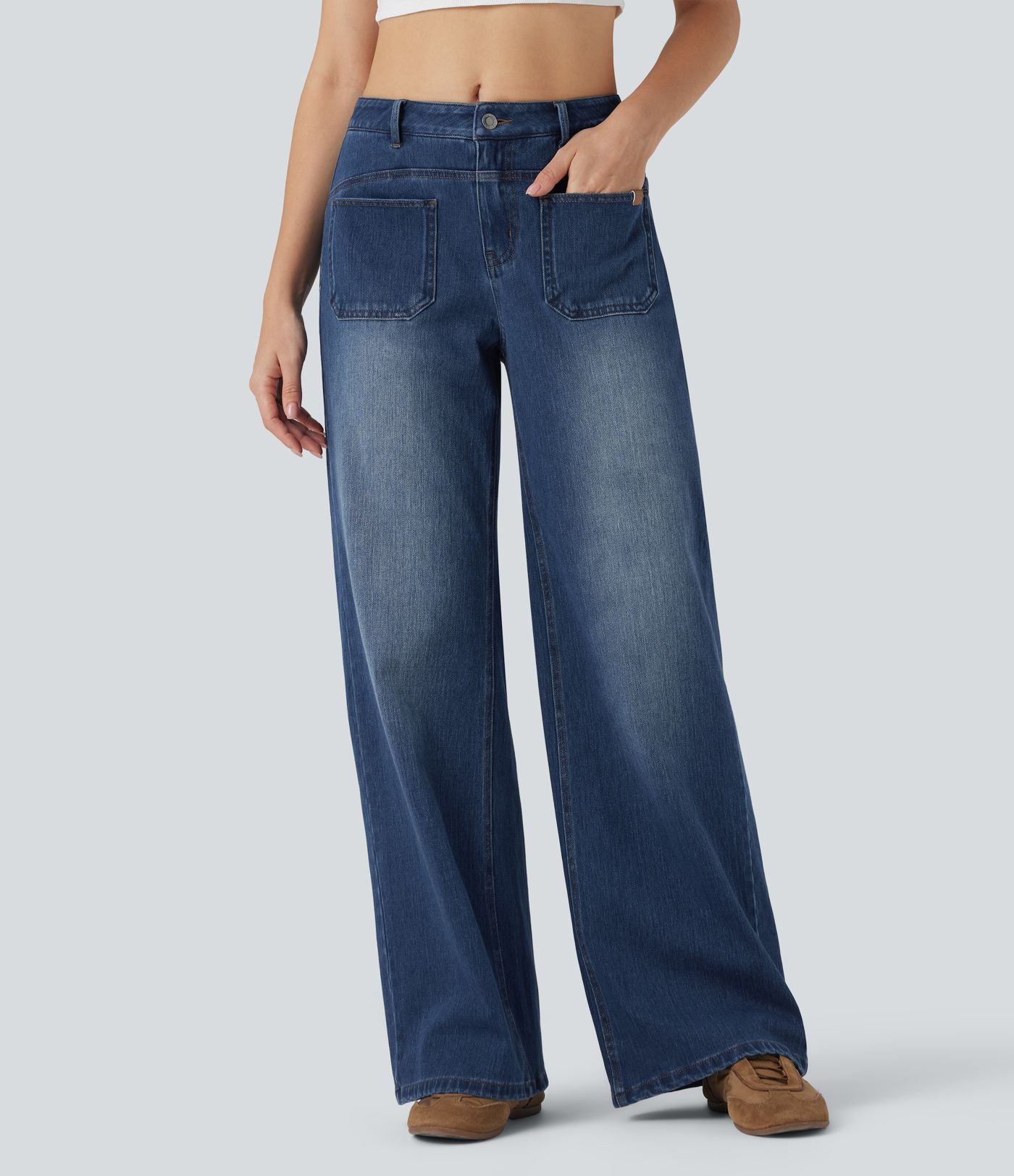 Jean large délavé Halara Flex™ taille mi-haute avec poches