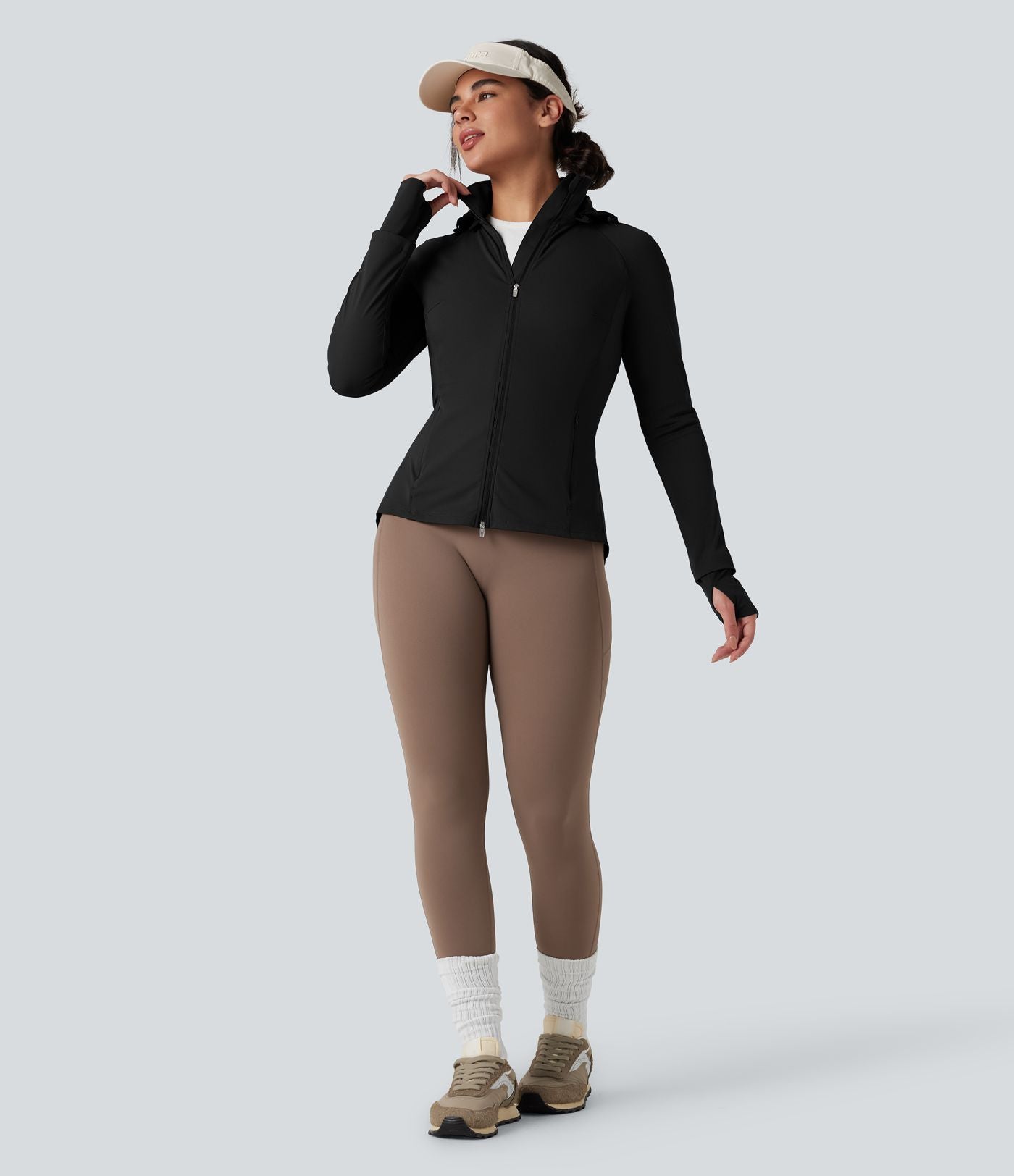 Veste randonnée capuche amovible double zip cordon de serrage avec trous pouces et poches