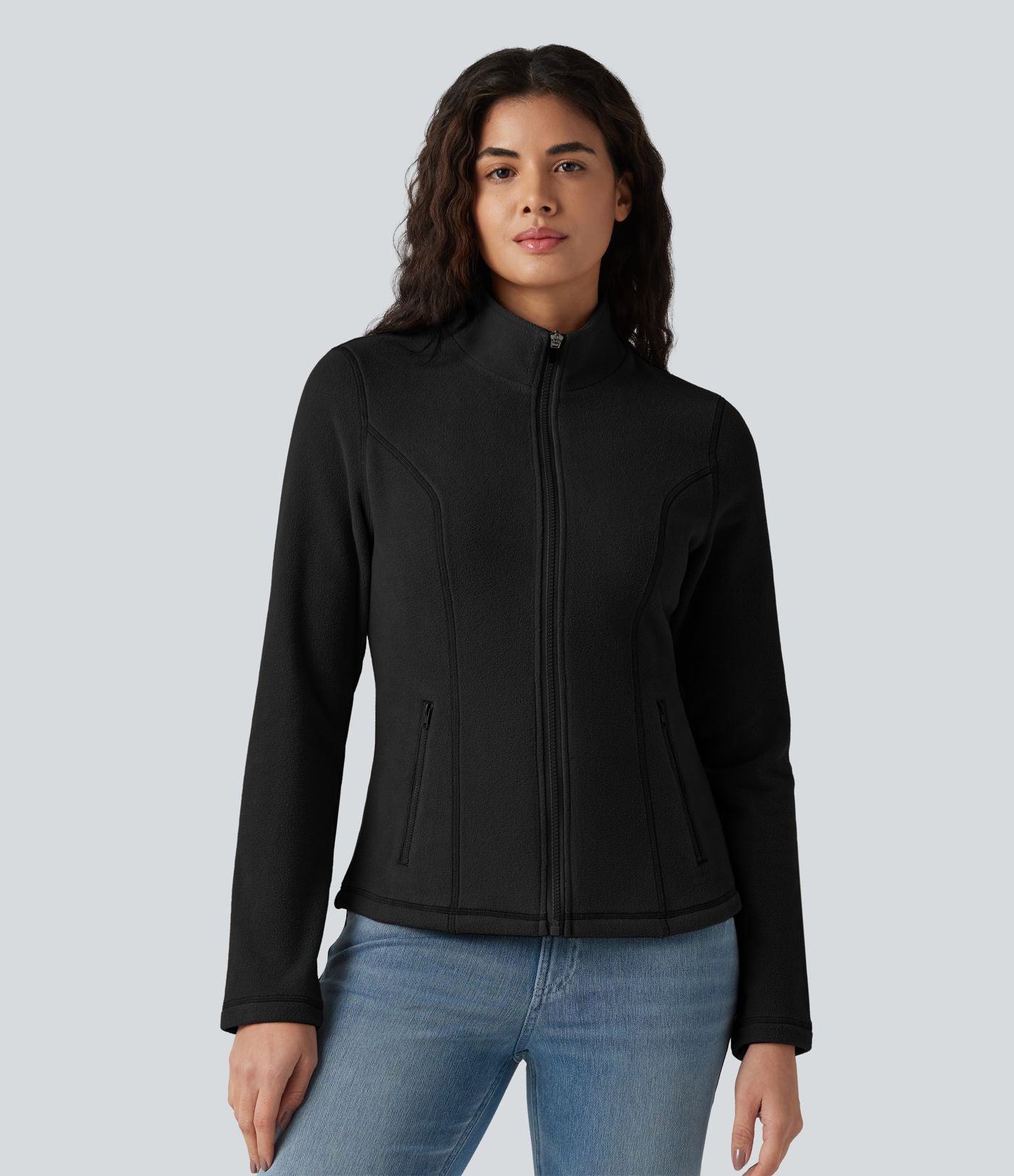 Veste polaire décontractée coupe ajustée à col montant, fermeture zippée et poches