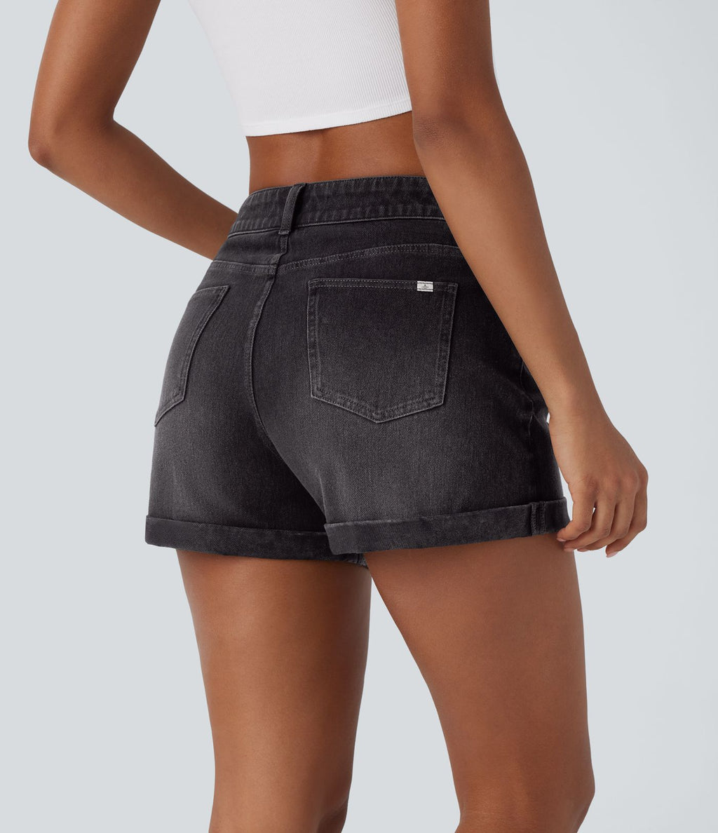 Short 7,5 cm décontracté en jean extensible Halara Flex™ taille moyenne avec boutons, zip et multiples poches