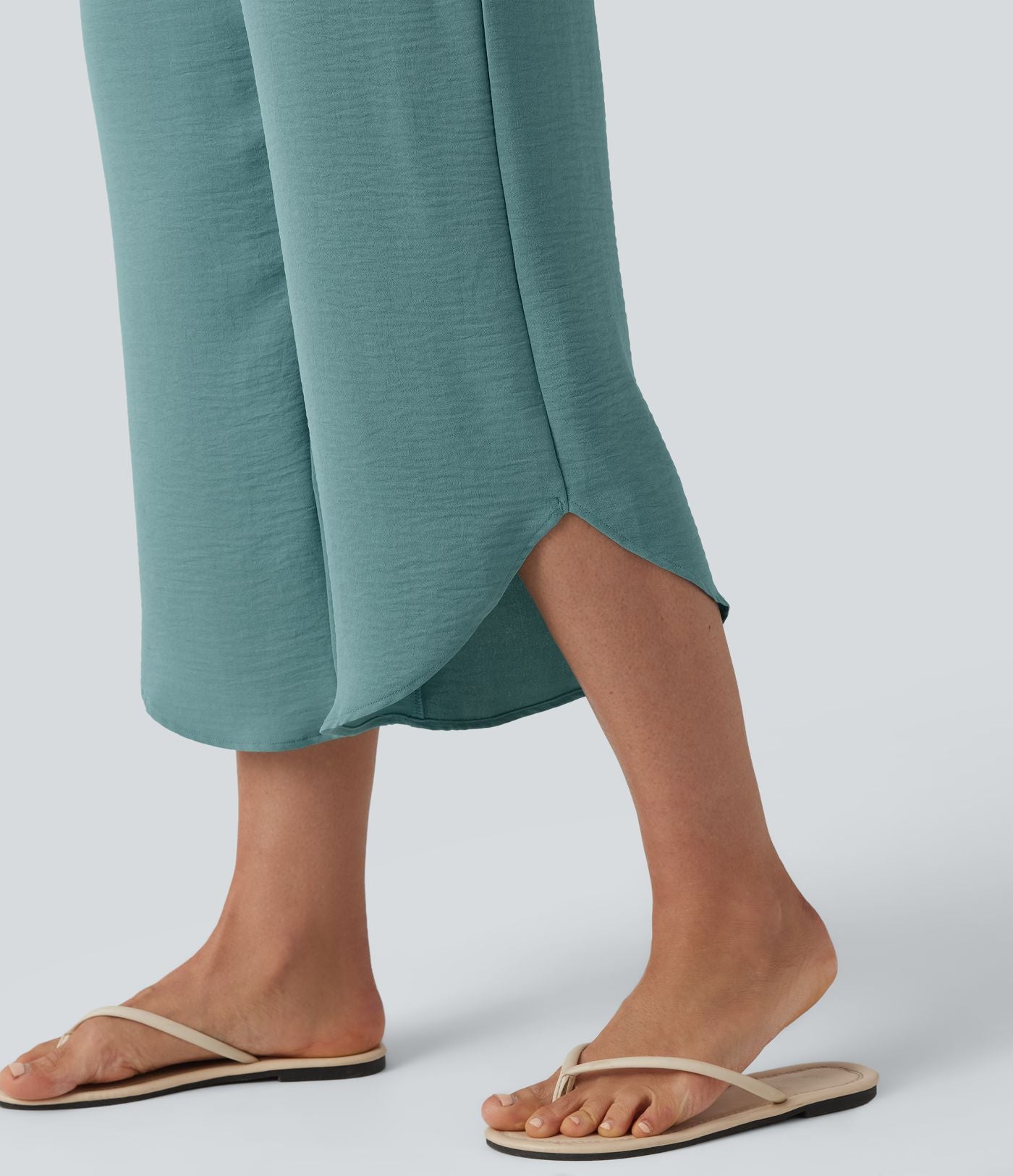Pantalon casual 7/8 taille haute aspect lin à cordon de serrage et ourlet arrondi avec poches