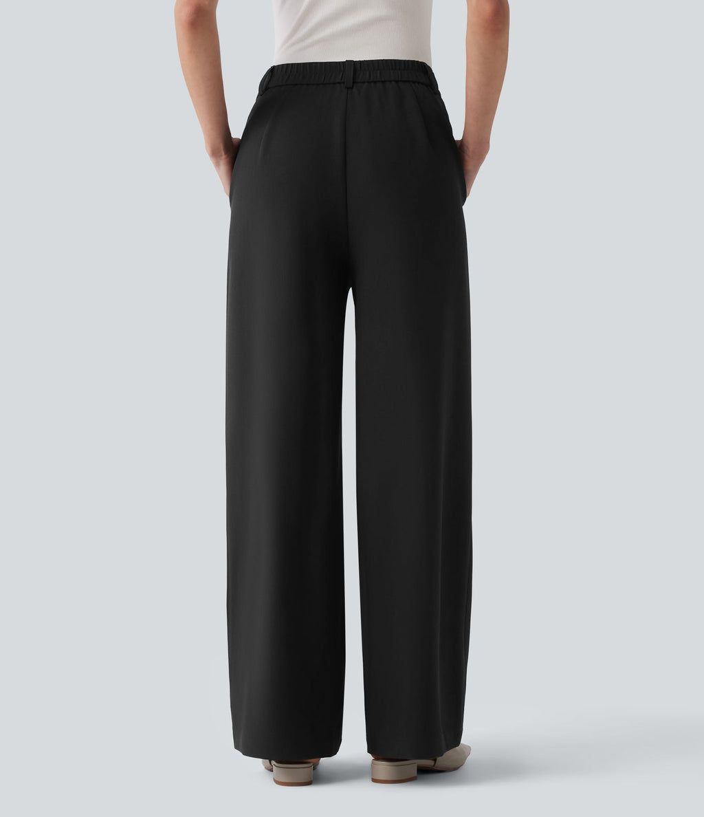 Pantalon tailleur droit taille haute aspect lin avec poches