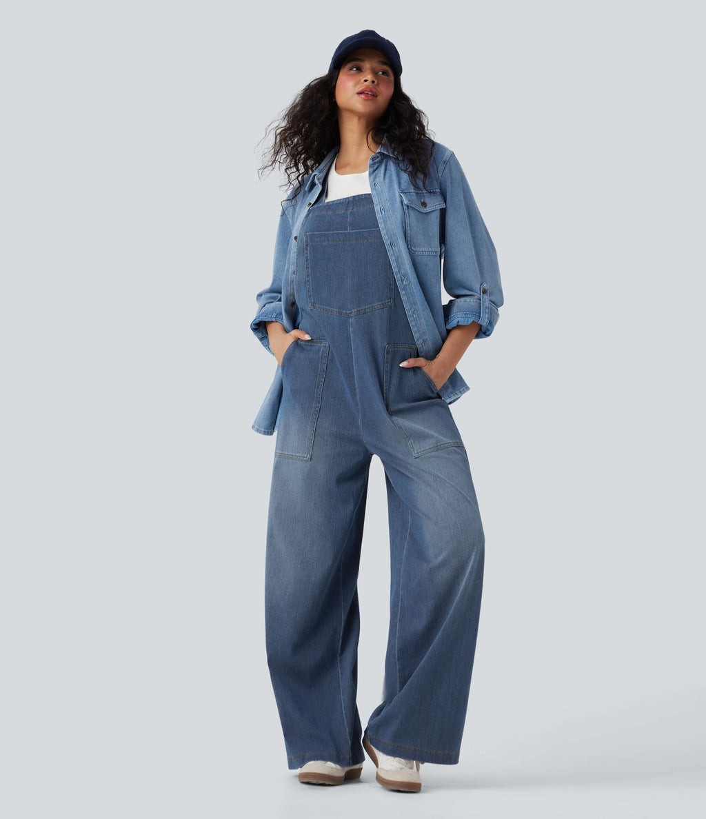 Salopette denim Halara Flex™ col carré effet délavé avec poches