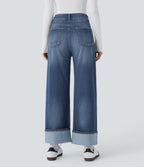 Jean décontracté Halara Flex™ taille haute jambes larges avec poches multiples et ourlet ajustable, en maille extensible effet délavé
