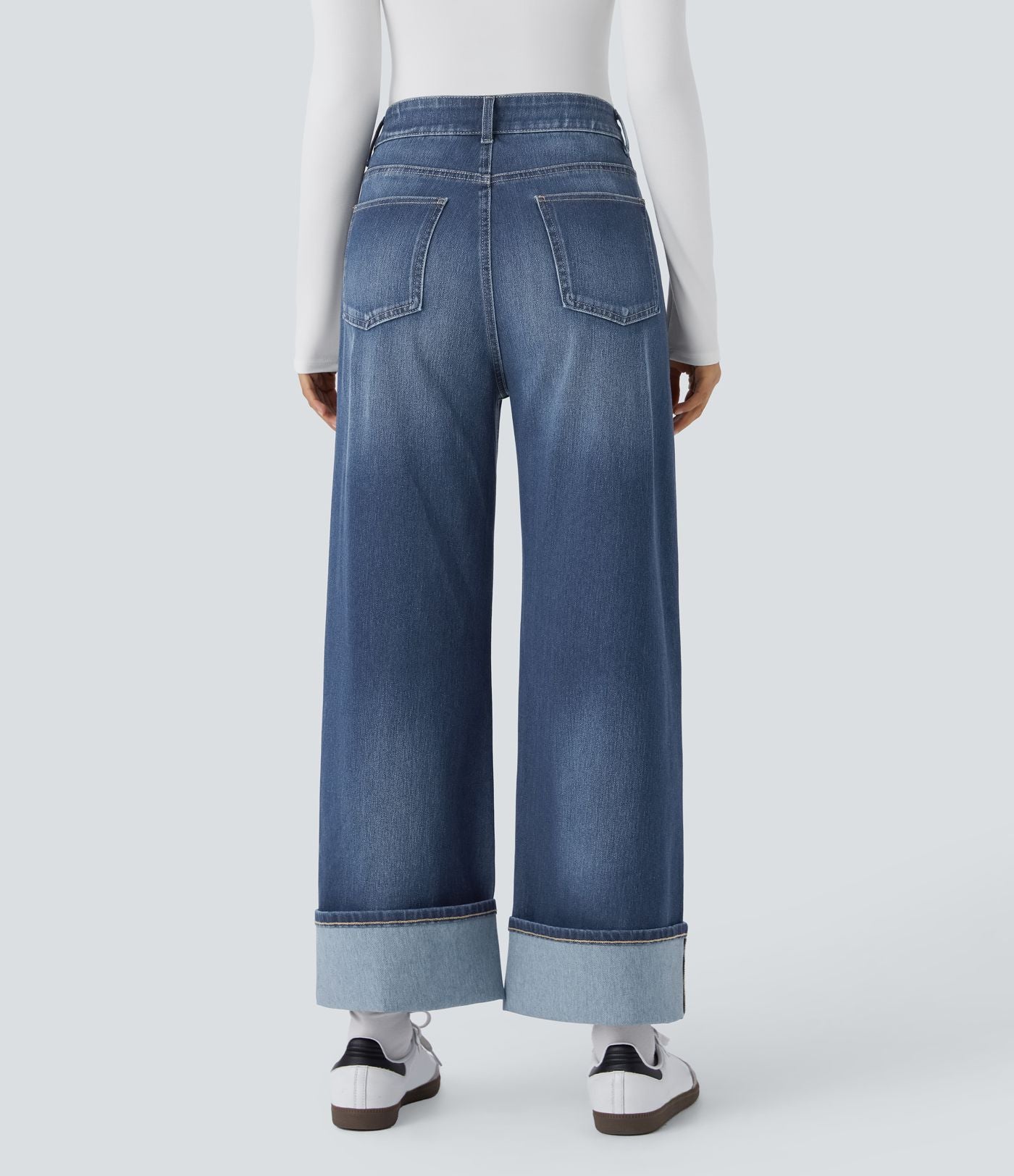 Jean décontracté Halara Flex™ taille haute jambes larges avec poches multiples et ourlet ajustable, en maille extensible effet délavé