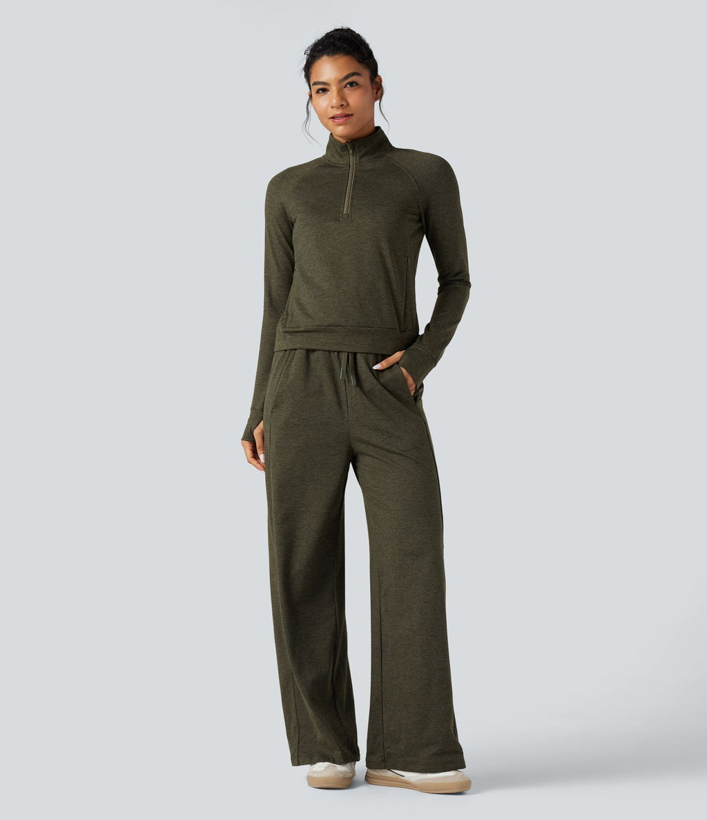 Sweat-shirt polaire thermique chiné séchage rapide demi-zip avec trous pouces et poches - UPF40+