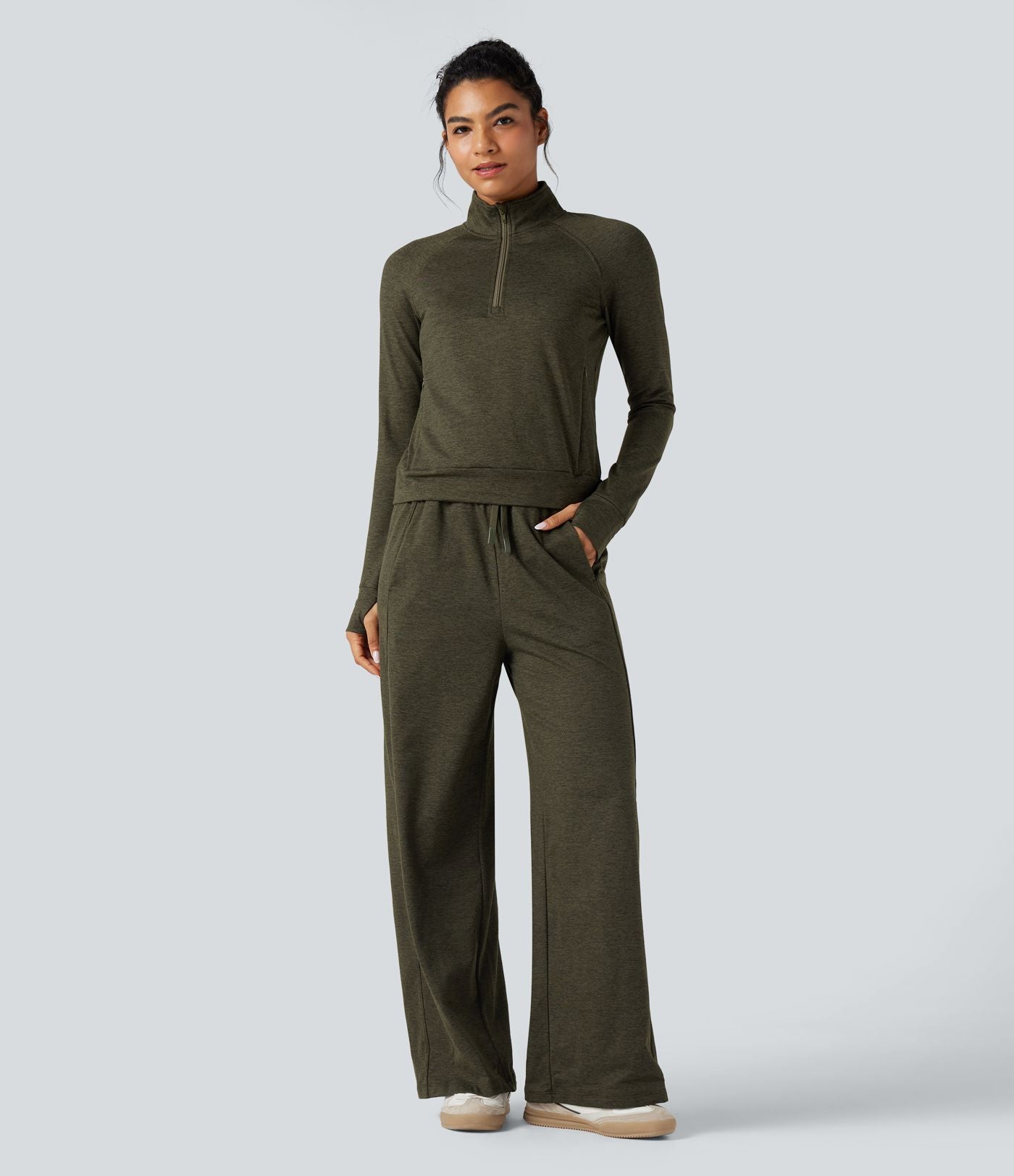 Sweat-shirt polaire thermique chiné séchage rapide demi-zip avec trous pouces et poches - UPF40+