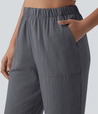 Pantalon casual court aspect lin coupe droite taille haute avec poches