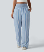 Pantalon coupe droite décontracté 2 en 1 taille haute froncé à rayures aspect lin avec poches