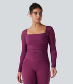 Top de sport yoga SoftlyZero™ Plush froncé mesh contrastant col carré manches longues