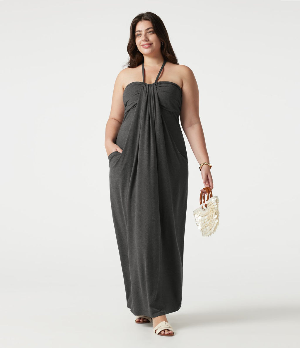 Robe maxi grande taille col halter dos nu avec lien au dos et poches