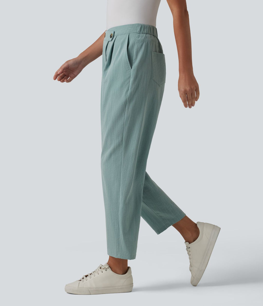 Pantalon tailleur aspect lin fuselé taille haute asymétrique avec poches
