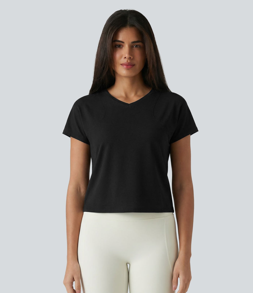 Haut de sport décontracté en coton à manches courtes et col raglan, style yoga, coupe ample, col en V