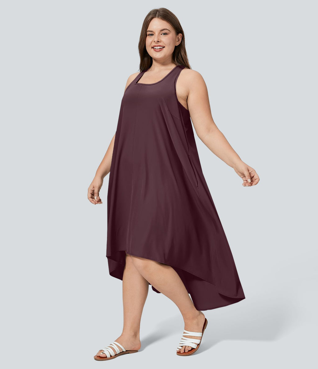 Breezeful™ Dos Nu Racerback Poche Latérale Haut Bas Fluide Midi Séchage Rapide Décontracté Robe Grande Taille