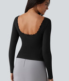 Haut casual en maille côtelée à manches longues, col rond échancré, dos en U, dentelle contrastée et soutien-gorge intégré