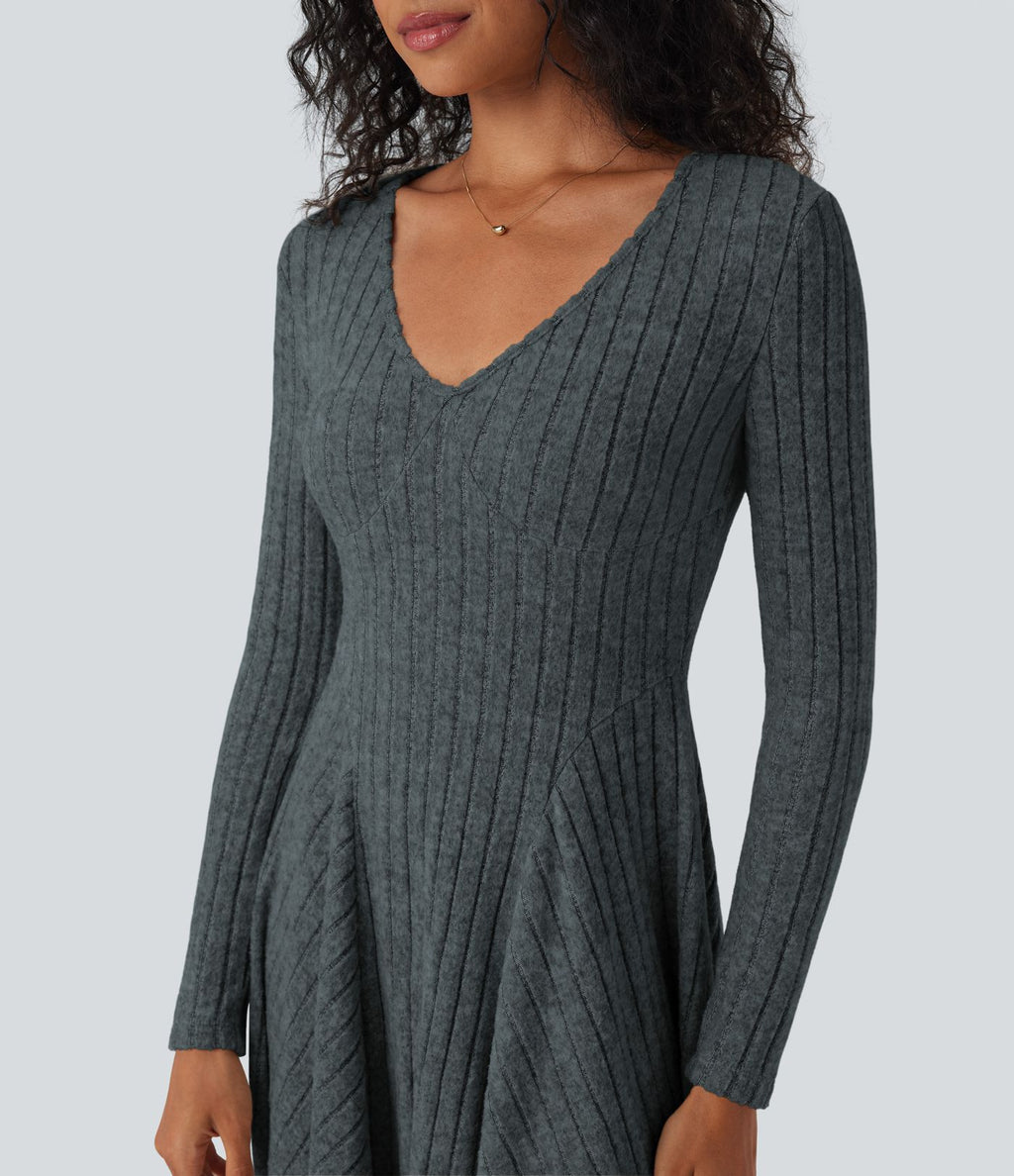Robe décontractée mini évasée maille côtelée col V manches longues