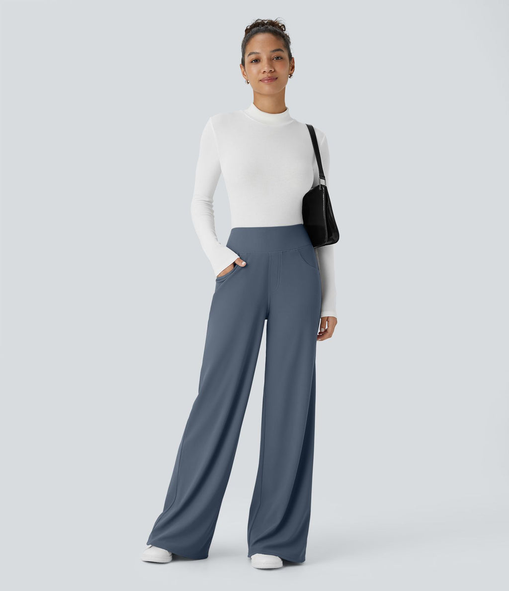 Pantalon tailleur large gainant taille haute en micro-gaufré avec poches Halara Flex™