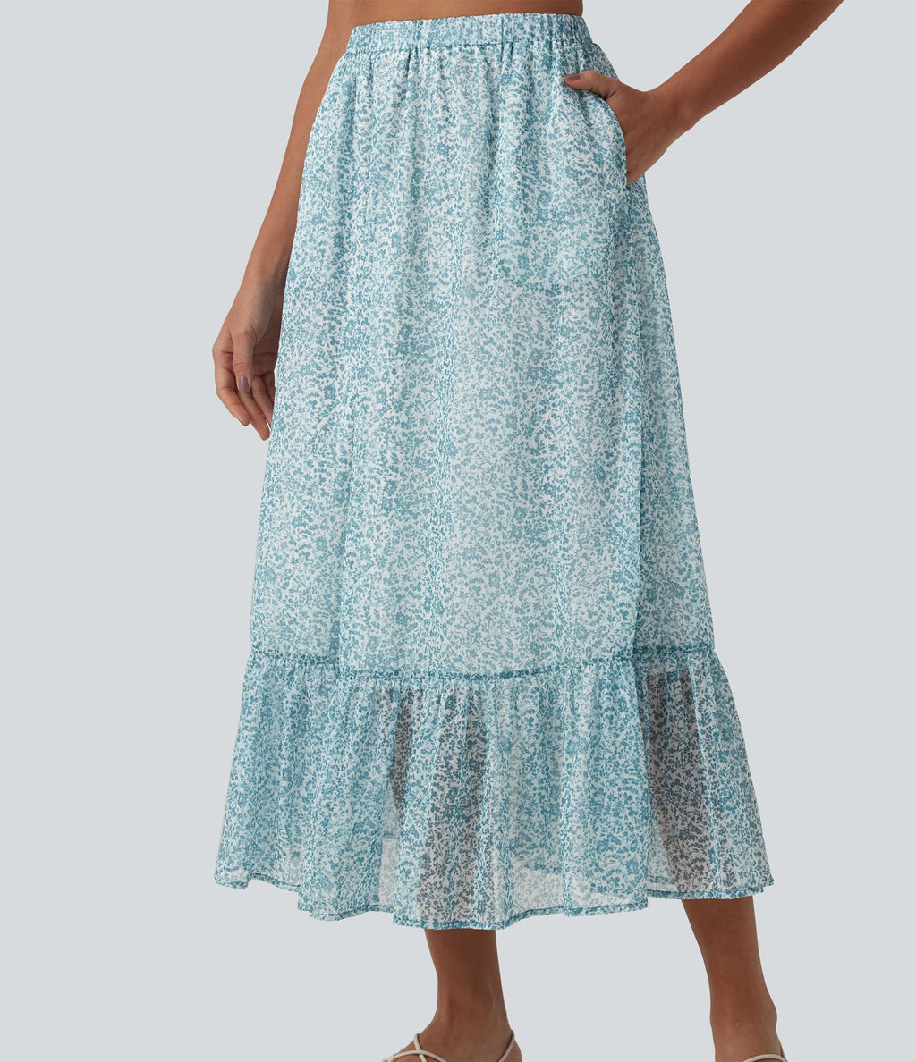 Jupe mi-longue fluide casual imprimé floral taille haute avec poches