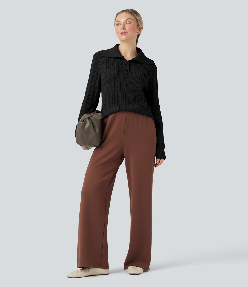 Pull laine mélangée col tailleur manches longues torsadé coupe décontractée
