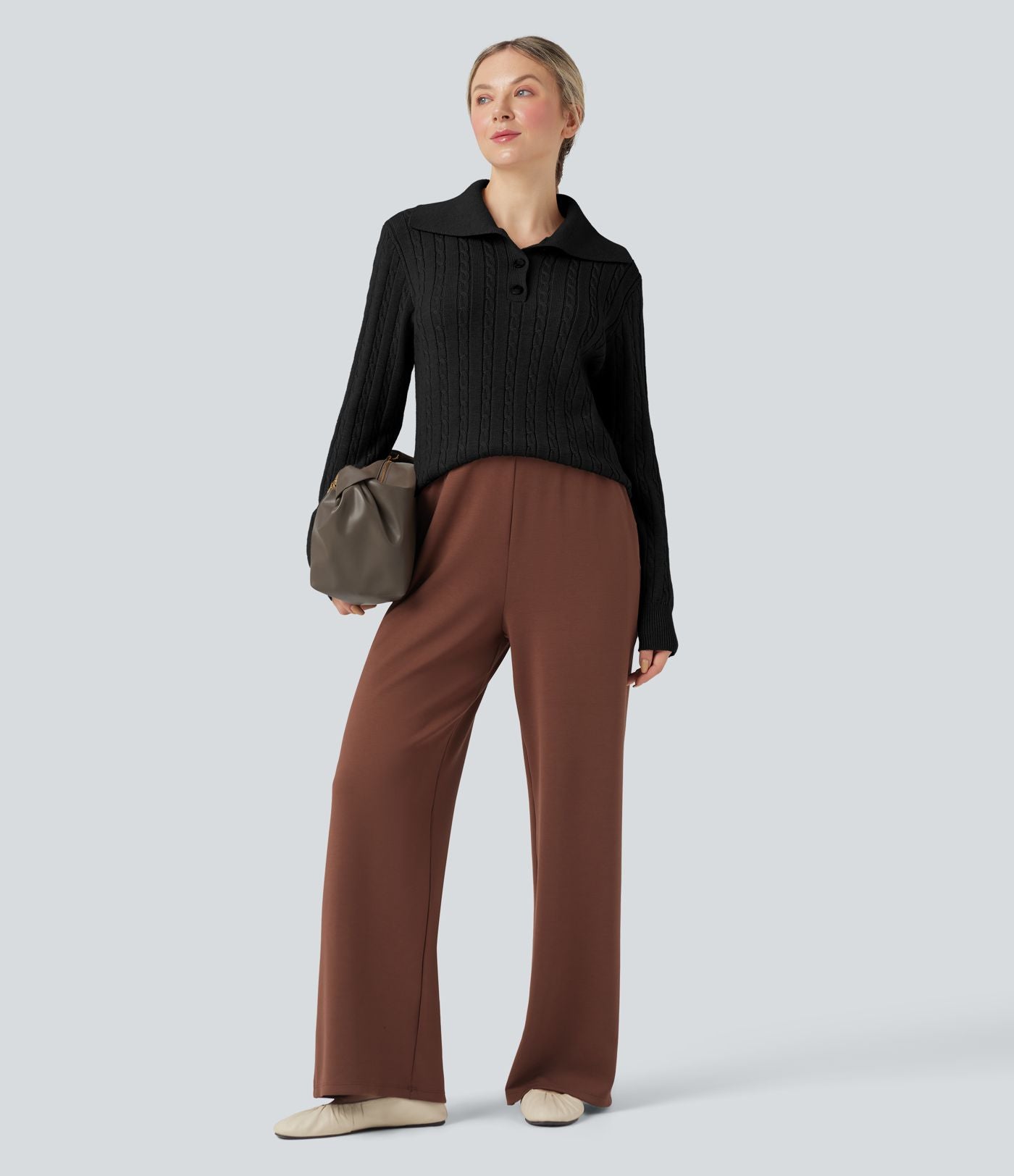 Pull laine mélangée col tailleur manches longues torsadé coupe décontractée