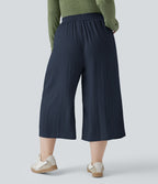 Pantalon grande taille large fluide taille haute avec cordon de serrage, poches et aspect lin